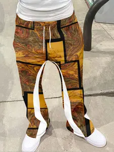 Men's Fashion 3D Marble Texture and Geometric Lines Flare Pants, Loose Casual Pocket Drawstring, Sporty Streetwear Hip Hop Vintage Long Pants