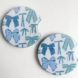 Preppy Car Coasters - Bows Blue Green Red Pink Watercolor Design, Cute Car Accessories for Interior, Protects Cup Holders from Spills
