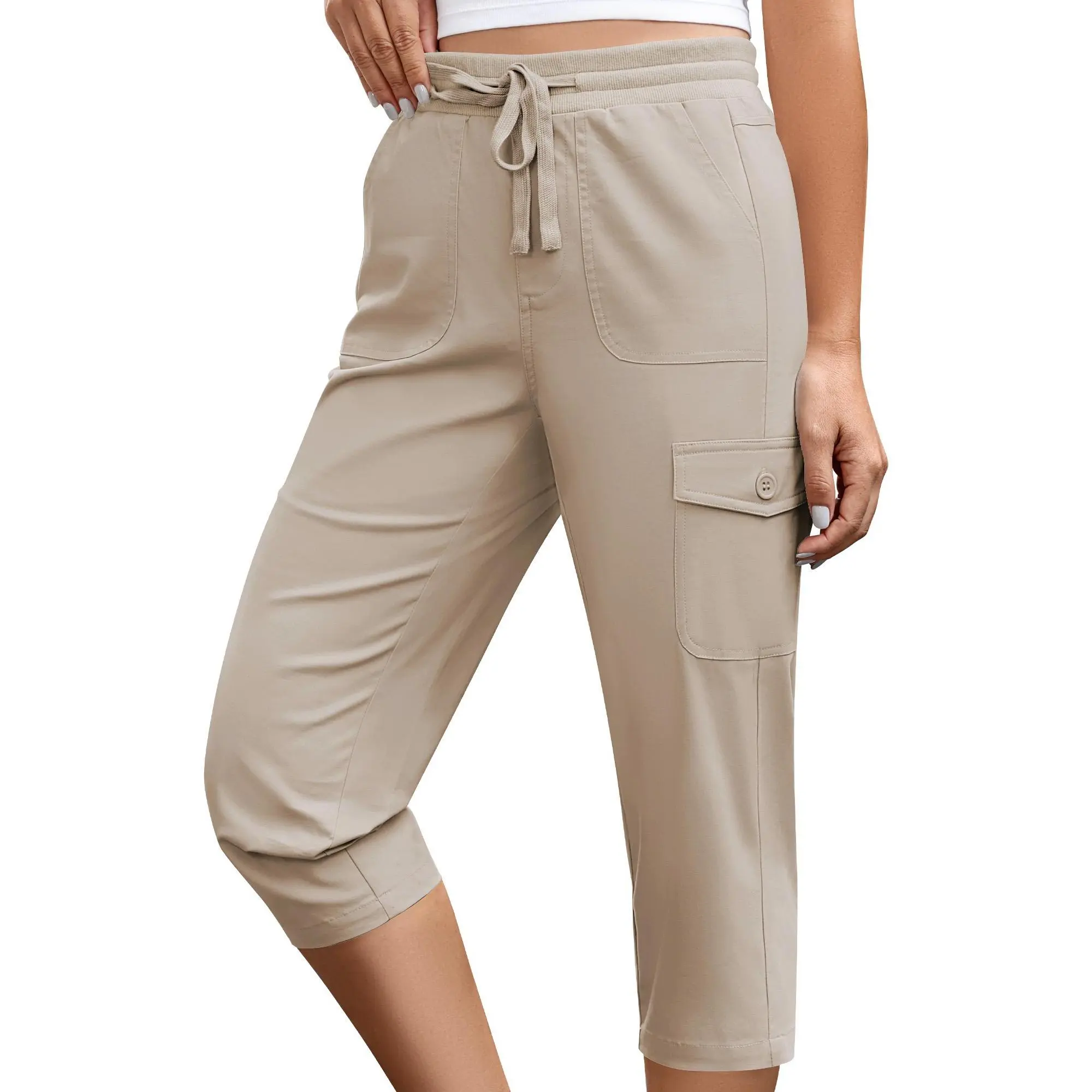 GRAPENT Women's Cargo Capri Pants - Elastic High Waisted, Pull On with Drawstring, Cotton Chino Basic Single Color Casual Comfy Pants for Summer, Capri Pants Women