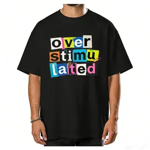 Women's Oversized Casual Graphic T-Shirt - "Overstimulated" Print Short Sleeve Summer Top, Black with White Lettering, Breathable Round Neck Tee for Casual Attire, Ladies T Shirts, Comfortable Tee, Relaxed Fit Shirt, Machine Washable Shirt