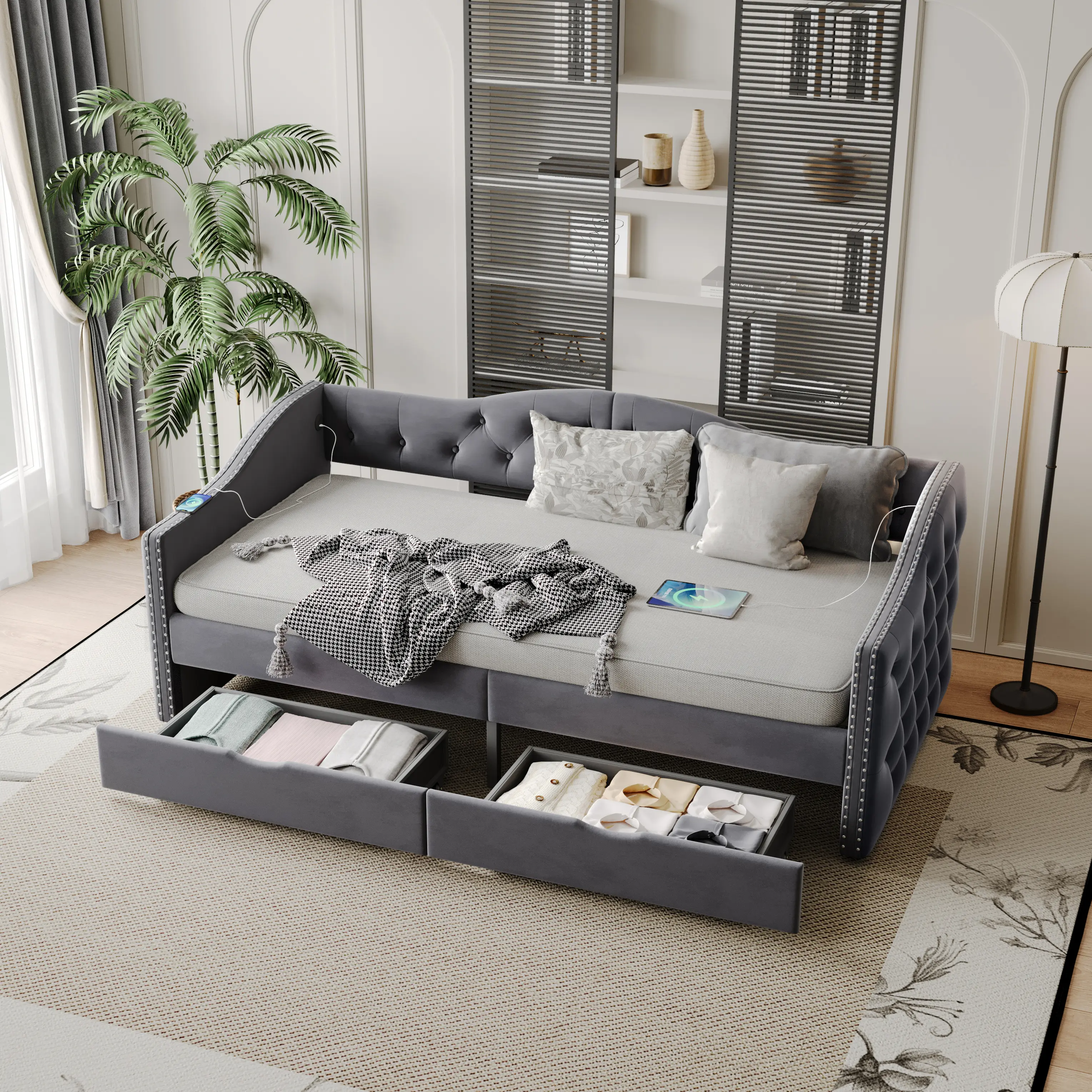 Vintage Upholstered Daybed with Storage Drawers Twin Size Grey No Box Spring Needed Wood Frame