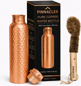 Hammered Pure Copper Water Bottle 34 Oz with Free Cleaning Brush  100% Pure Copper Drinking Bottle | Leak Proof Ayurvedic Flask | Metal Water Bottle for Gym, Yoga, Office & Travel