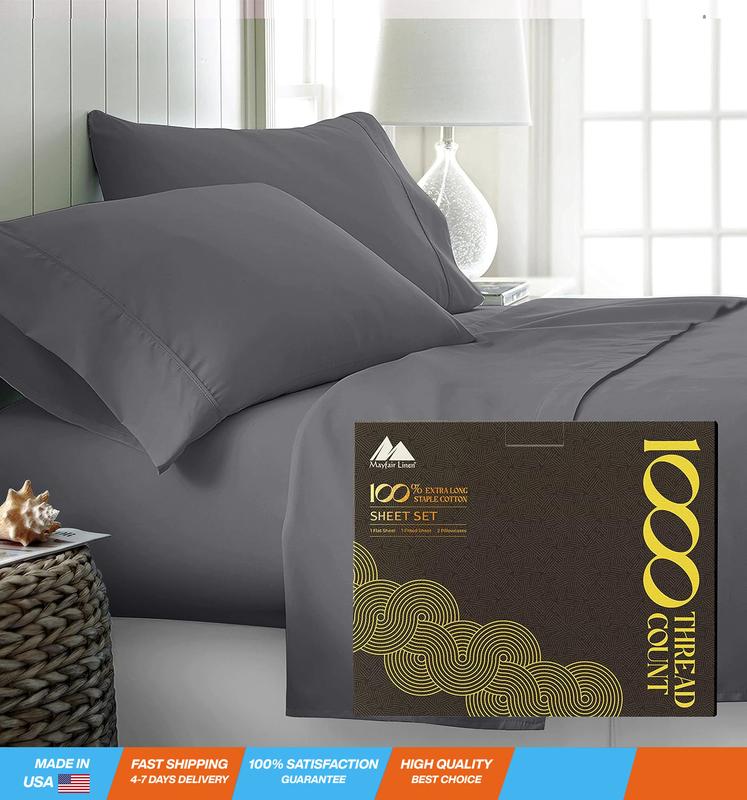 High Thread Count Best Bed Sheets 100% Egyptian Cotton Sheets Set Dark Grey Long-Staple Cotton Queen Sheet for Bed, Fits Mattress Upto 18'' Deep Pocket, Soft & Silky Sateen Weave Sheets