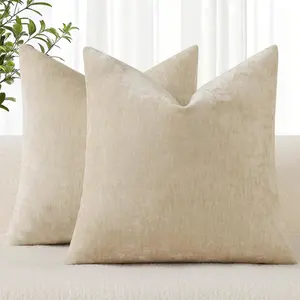 Beige chenille pillowcase 18x 18inch 2-piece set, decorative soft sofa pillowcase, solid color dyed, rustic style neutral square sofa pillowcase