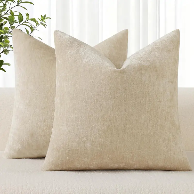 Beige chenille pillowcase 18x 18inch 2-piece set, decorative soft sofa pillowcase, solid color dyed, rustic style neutral square sofa pillowcase