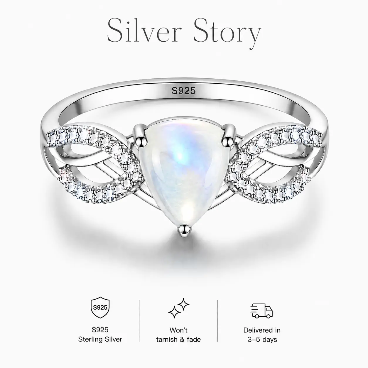 925 Sterling Silver Moonstone Ring for Women, Pear Cut Moonstone Promise Ring with White Zircon, Symbol of Calm, Emotional Balance & New Beginnings, Birthstone Jewelry Gift for Her