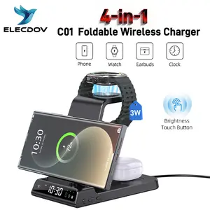 4-in-1 Wireless Charging Station, supports fast charging for iPhone/Samsung Galaxy phones, Apple Watch, AirPods, Galaxy Watch, Galaxy Buds, and other Android devices.  The Elecdov C01 model features a vent-mounted holder, a bedside alarm clock function