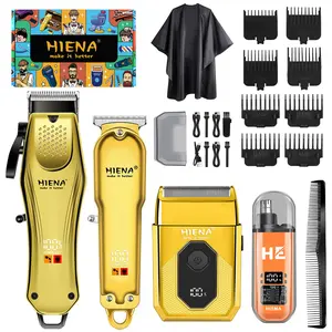 HIENA 4-Piece Men's Gold Electric Shaver Set Beard Hair Shaver Includes Electric Clippers, Trimmer, and Razor - Men's Grooming Kit Shaver Combo Cordless Portable USB Rechargeable with Wraparound Comb - Perfect Gift for Men