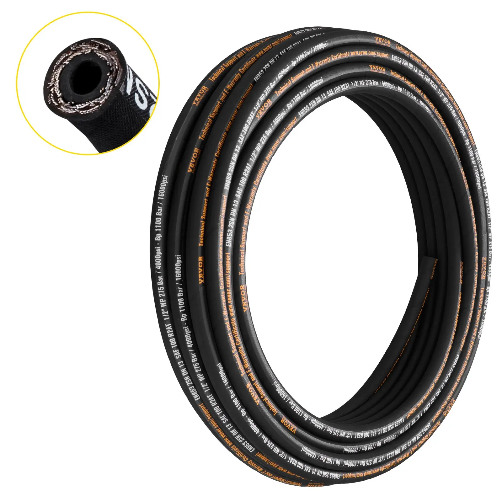 【Summerfinds】VEVOR Hydraulic Hose 1/2 inch x 100 ft, Coiled Hydraulic Hose 4000 PSI, Rubber Hydraulic Hose with 2 High-Tensile Steel Wire Braid, Bulk Hydraulic Hose -20 ℃   to 140 ℃ , Hydraulic Oil Flexible Hose, 4000 Psi Max, Coiled Hose Reinforced H