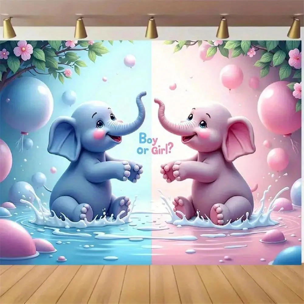 1pc 2D Flat Polyester Gender Reveal Party Banner, Party Decoration Supplies, Blue-Pink Elephant Print with "Boy or Girl?" Text, Balloons & Flowers, Wall Hanging Backdrop for Baby Shower & Birthday Photo Use, Photo Backdrop