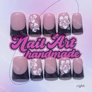 Delicatething Y2K Style Duckbill Nails, Handmade Nail Art Set with Drawn Flowers, Floral Patterns, French Design, Unique Design, XS-S-M-L Sizes, Size Variety, Perfect Gift for Girls