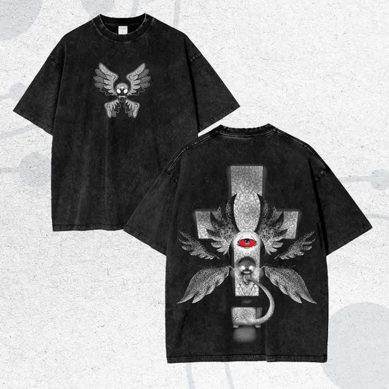 Men's Vintage Figure Graphic Cotton T-Shirt - Distressed Washed Streetwear with a Loose, Drop-Shoulder Fit, No, Cute, Ripped