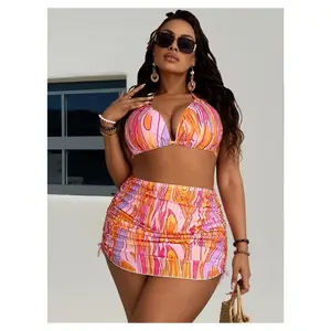 Plus Size Bikini Set - Vibrant Pink & Orange Halter Swimsuit for Women, Tropical Print, Adjustable Tie Front, Comfortable & Stylish Two Piece Bathing Suit, Summer Beach Pool