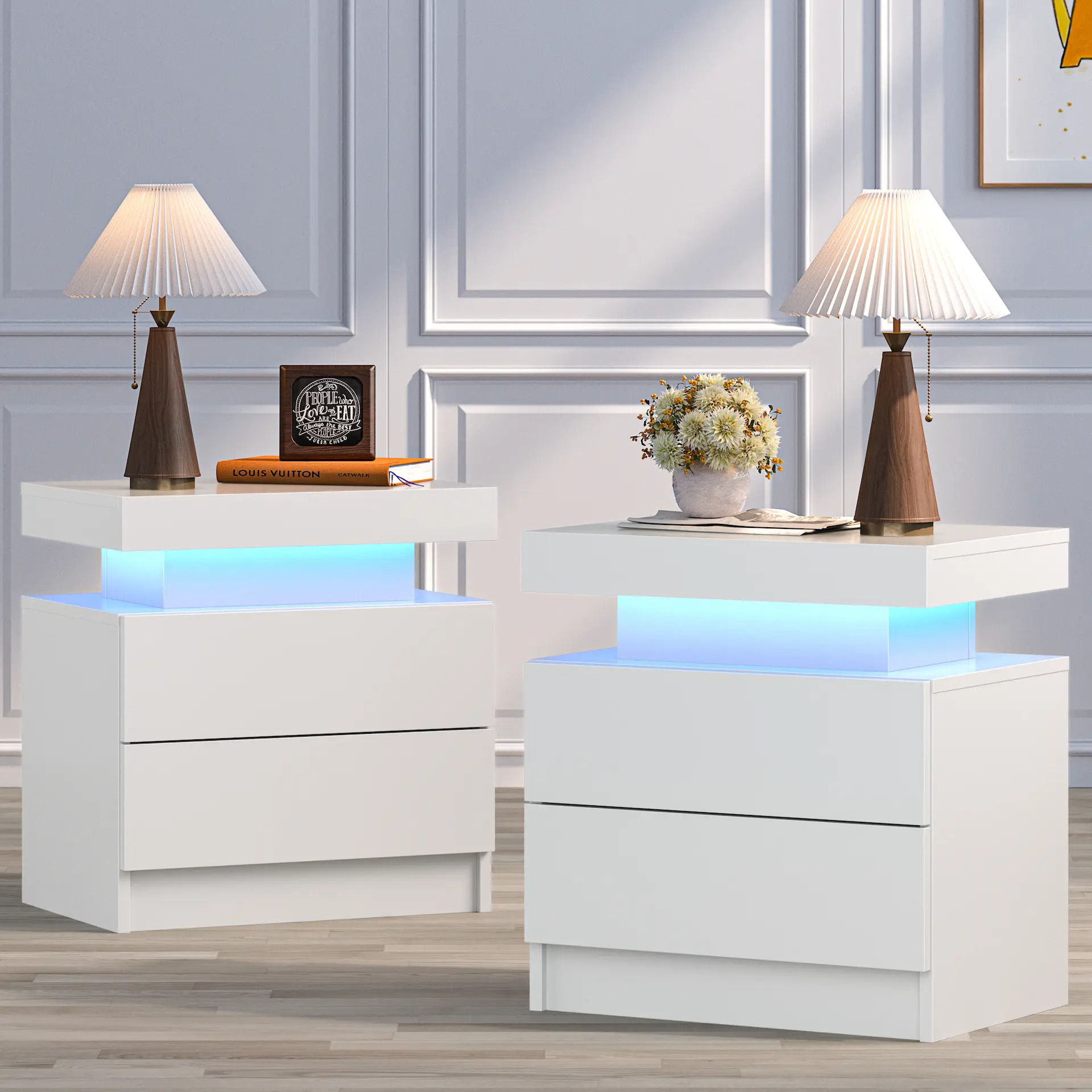 Set of 2 Modern Drawer Equipped Nightstands - RGB Lights Bedroom Furniture, 2-Drawer LED End Side Tables, Elegant Indoor Bedside Tables, Set Bedroom Furniture