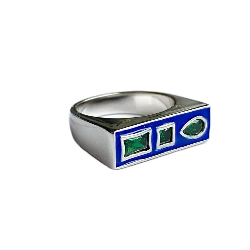Babs Colorblock Enamel Stacking Ring with CZ Pink & Blue Enamel Plated Brass Black & Emerald Zircon