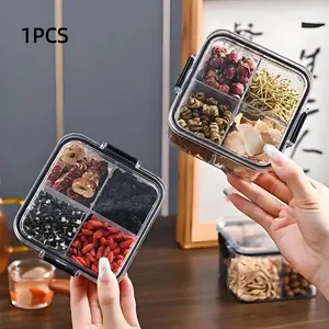 Square 4 Compartment Storage Box, Portable Lidded Rounded Design, Leakproof Reusable, Airtight Food Container, Ideal for Dried Fruits, Spices, Pantry, Cabinet, Countertop