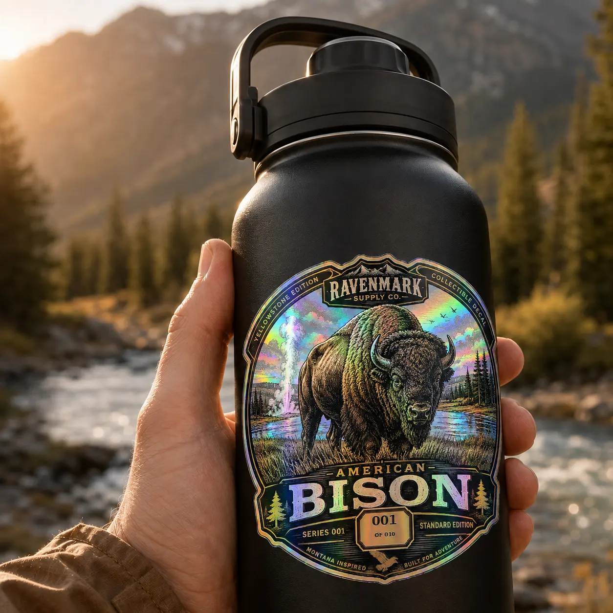 American Bison Holographic Sticker Collector #001 of 010 | Ravenmark Supply Co. Montana Icons Series | Waterproof Die-Cut Vinyl Decal for Water Bottles, Coolers, Laptops, Vehicles & Outdoor Gear |...