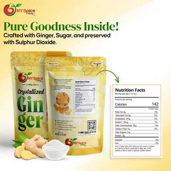 NY Spice Shop Crystallized Ginger – Fresh Candied Ginger Slices, Sweet Snack, Dried Fruit Candy, Ginger Chews for Morning Sickness Sugar