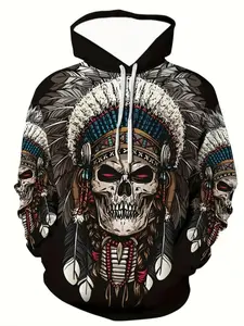 Men's Skull Feather Print Hoodie, Kangaroo Pocket Design, Loose Fit, Halloween Casual Streetwear, Fashion Casual Sweatshirt, Fall Winter Fashion