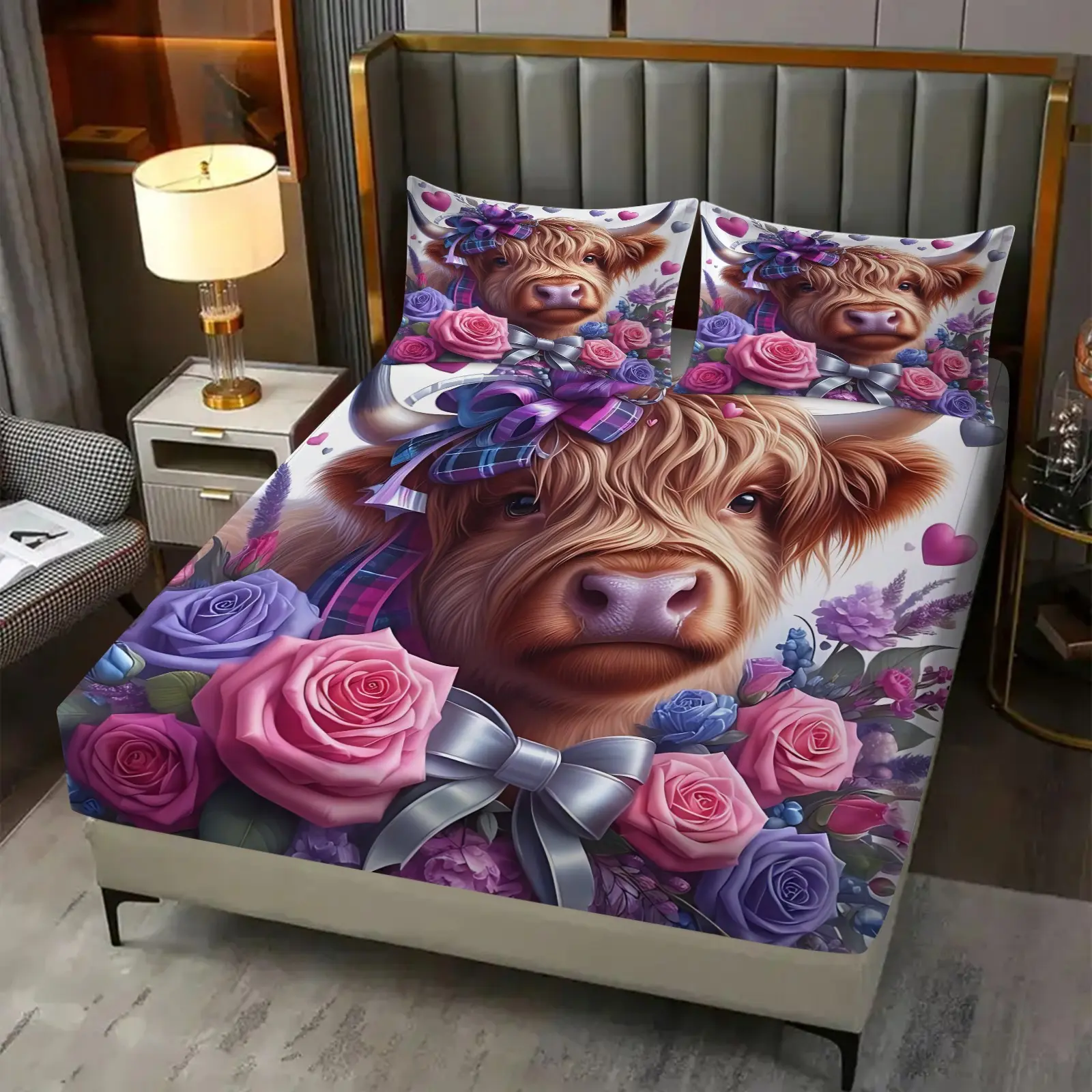 3pcs Grassland Animal Bedding Set, Cute Highland Cow Pattern Fitted Sheet Set, Heart-Shaped and Flower Design, Suitable for Girls' Bedroom Bed Decoration, Soft and Comfortable, Including 1 Fitted Sheet and 2 Pillowcases