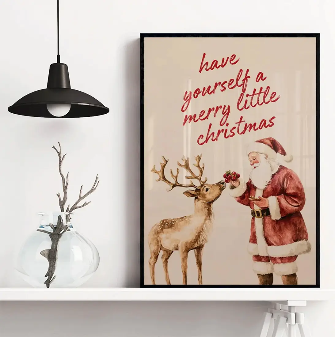 Vintage Christmas Wall Art Poster, Santa Claus Reindeer Retro Holiday Poster, Merry Little Christmas Decoration Festive Home Decor Poster