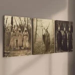 Wooden Framed Canvas Painting, 3 Counts/set Gothic Creepy Bunny Man Poster, Retro Horror Character Posters, Halloween Posters, Horror Posters, Wooden Wall Art