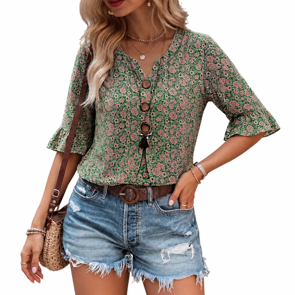 Flamingals Floral Print Button Front Ruffle Cuff Notched Neck Blouse