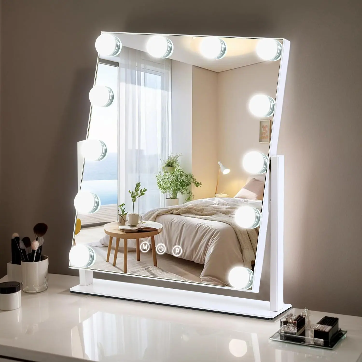 Adjustable Rectangle Modern Metal Frame Hollywood-Style Lighted Vanity Mirror, 13x11in Desktop Tabletop Mirror with 12 Dimmable Lights, 3 Color Modes, Smart Touch Control, 360° Rotatable Home Decor Item