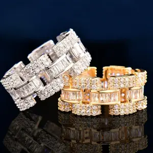 [ICE HUE]18K Gold Vacuum Plated Copper with 5A+ Sri Lanka Zircon Metallic Irregular Ladder Ring - Hip Hop Inspired Full Diamond, Casual Everyday Wear, Gift Idea, Design Ring