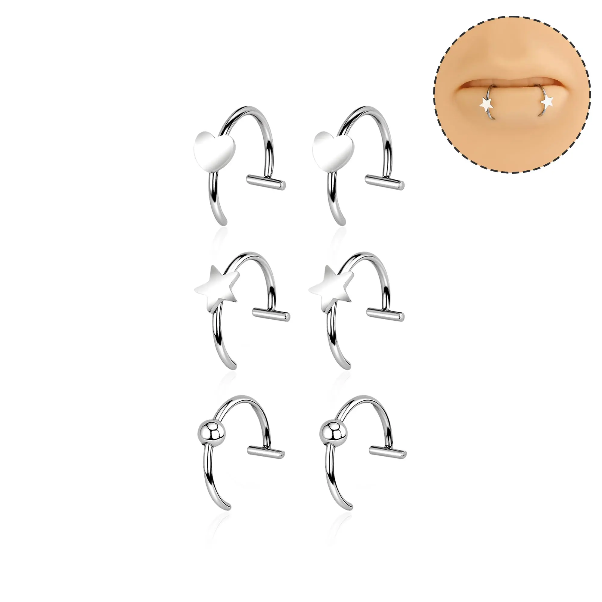 OUFER Unisex No-Tarnish Stainless Steel Body Jewelry Set, 6PCS Faux Lip Rings & Snakebites Lip Cuffs with Heart and Star Design, Adjustable No-Piercing Fit for Daily Wear
