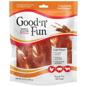 Good 'n' Fun Triple Flavor Wings Chews for All Dogs 12 Ounces Premium Chicken Pork & Beef Hide Long Lasting Treats