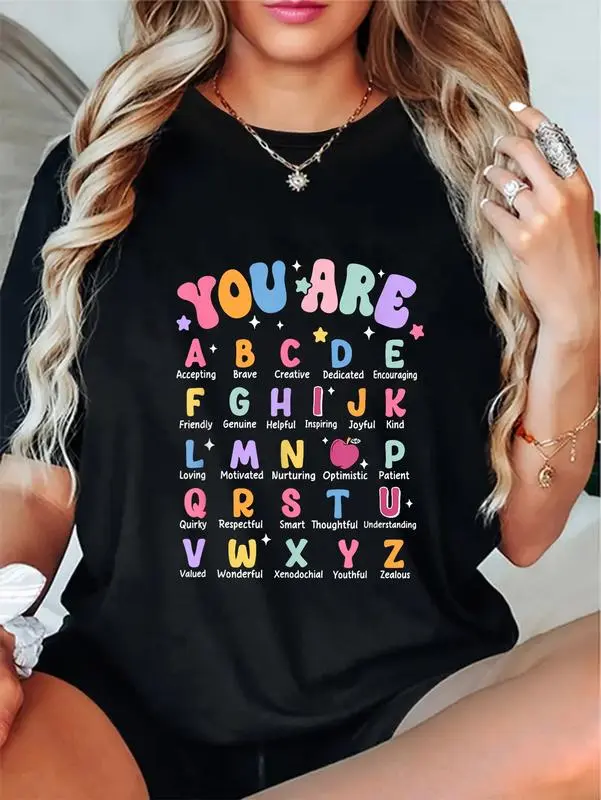 Men's Cotton Round Neck Short-Sleeve Tshirt - "You Are" Alphabet ABC Learning Graphic, Smooth Everyday Casual Top for Teachers