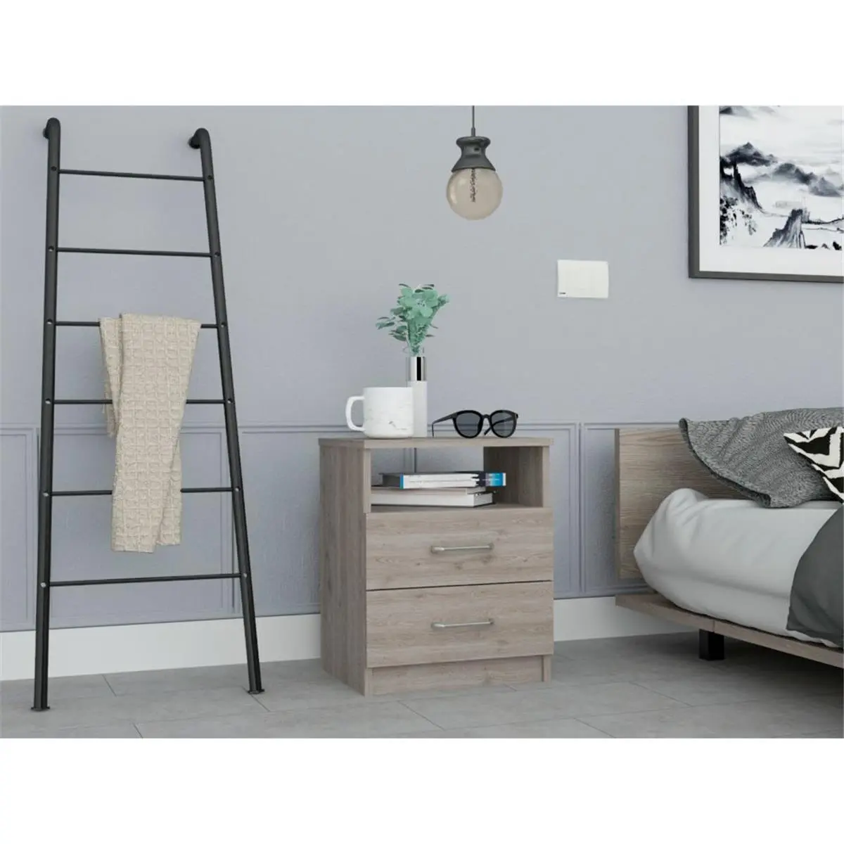 HomeRoots Modern Minimal Chic Particle Bedroom Nightstand - Light Grey, Clean Look, Removable Handle, Modern Bedroom Side Table