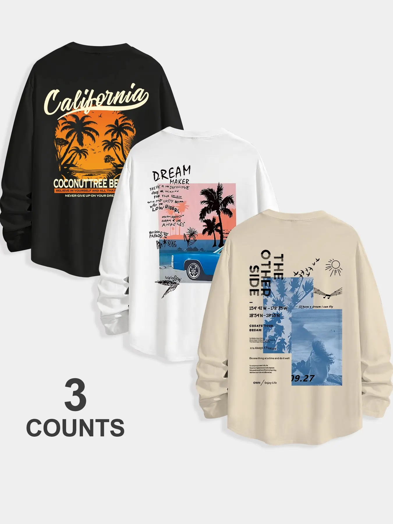 Men's Classic 3-Piece Set, Letter Coconut Tree Print Long Sleeve T-Shirts, Casual Fitted Tops for Spring & Fall