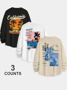 Men's Classic 3-Piece Set, Letter Coconut Tree Print Long Sleeve T-Shirts, Casual Fitted Tops for Spring & Fall