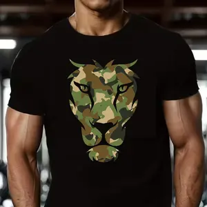 Camo Lion Head T-Shirt, Bold Wildlife Graphic Tee, Tactical Style Apparel for Men