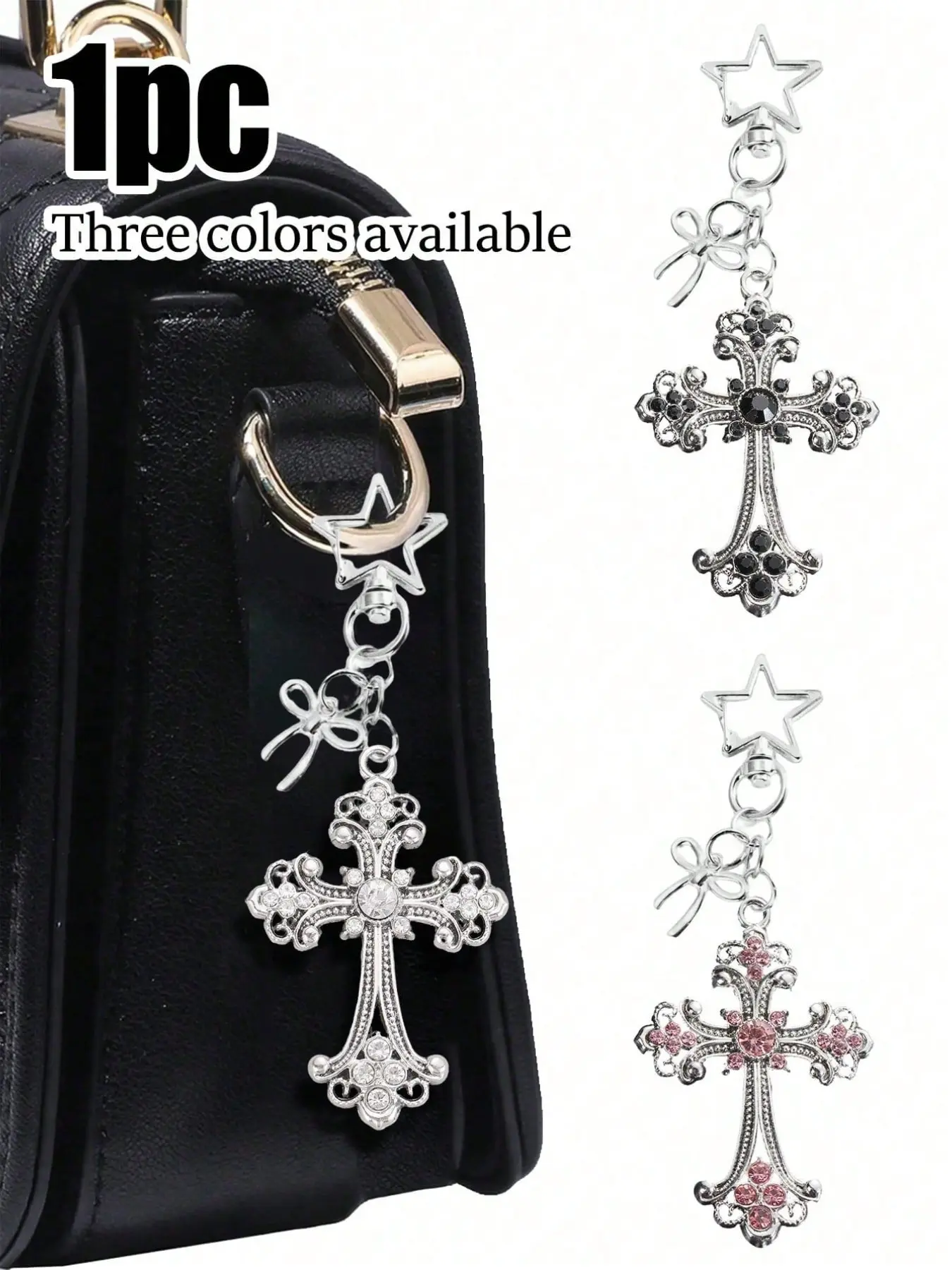 Luxury Silver Cross Pendant Keychain, Decorated with Bow and Sparkling Zircon, Y2K Style, Star-Shaped Buckle, Wallet Decoration, Keychain Bag Pendant