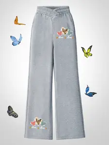 Girls' Casual Wide-Leg Pants - Cotton Blend, Leopard & Heart Print with "love" Lettering, Elastic Waist, Sweet Fashion Style, Soft Breathable, All-Season Wear, Machine Washable