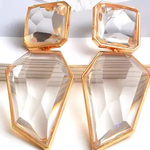 Trendy Irregular Geometric Dangle Earrings for Women - Clear Resin Drop Earrings with Metal Coating, No Warning Applied