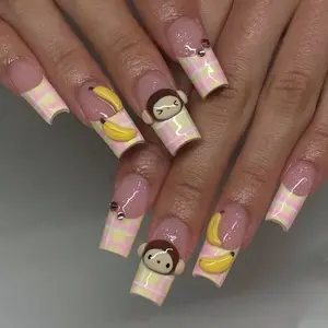S56 Nailed by Vibe – Banana Monkey Press-On Nails, 3D Cute Monkey & Banana, Pink Yellow Plaid French Tips, Cartoon Nail Art, Summer Vibes, Gift for Her