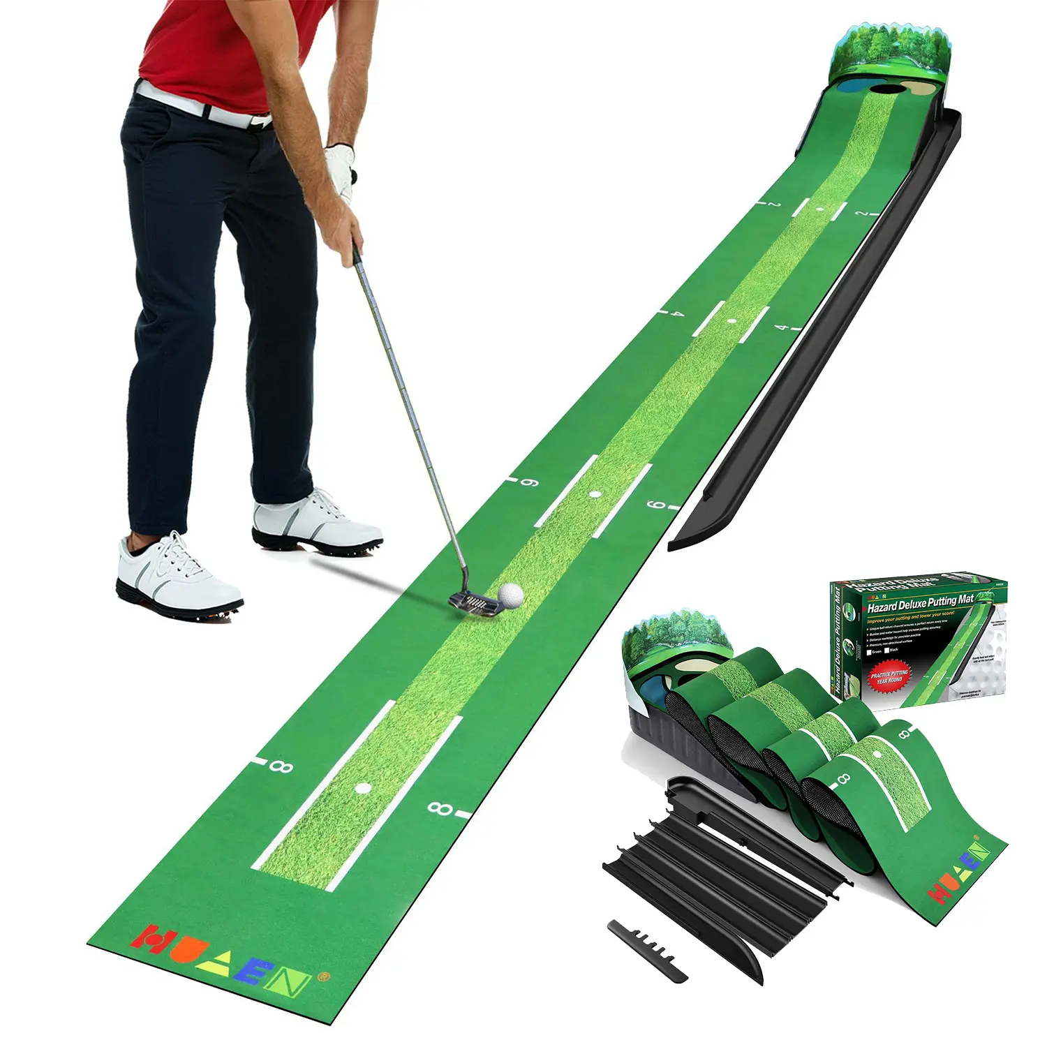 9.5ft Indoor Practice Golf Putting Mat - Genuine Green Speed, Wrinkle-Free Surface, Lenticular 3D Backplate, Alignment Guides, Ball Return, Indoor Mat