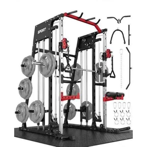 red Smith Machine Home Gym, 2200LB Power Cage with Dual Pulley Cable Systems, LAT Pull-Down, Leg Hold-Down & 20+ Attachments for Full Body Workouts