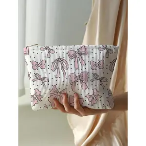 Cute Bowknot & Polka Dot Pattern Makeup Bag for School, Lightweight Multifunctional Cosmetic Storage Bag, Casual Versatile Zipper Corduroy Makeup Bag for Travel & Daily Use