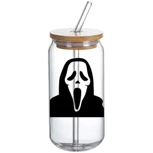 Scream Mask Decal - Glass Tumbler with Bamboo Lid and Straw