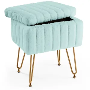 Faux Fur Footstool Ottoman with Storage, Small Soft Foot Rest Stool with Metal Legs & Adjustable Feet, Modern Vanity Foot Stool for Living Room Bedroom