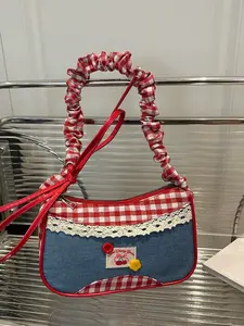 Exquisite red checkered shoulder bag with button decorations, white hollow lace, pleated shoulder strap design, retro sweet style, large storage capacity, an essential item, Cross Body Bags, Shoulder Bag