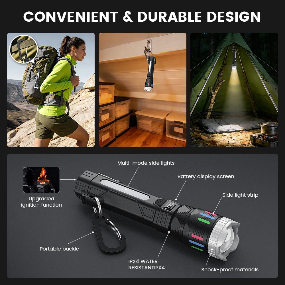 【2026 New Model】 2400 Lumen Flashlight with Ignition Function, 4 Lighting Modes, Digital Display, Rechargeable, Zoomable, Waterproof, Adjustable Brightness, Suitable for Outdoor Camping and EmergenciesTiktokShopSpringGlowUp