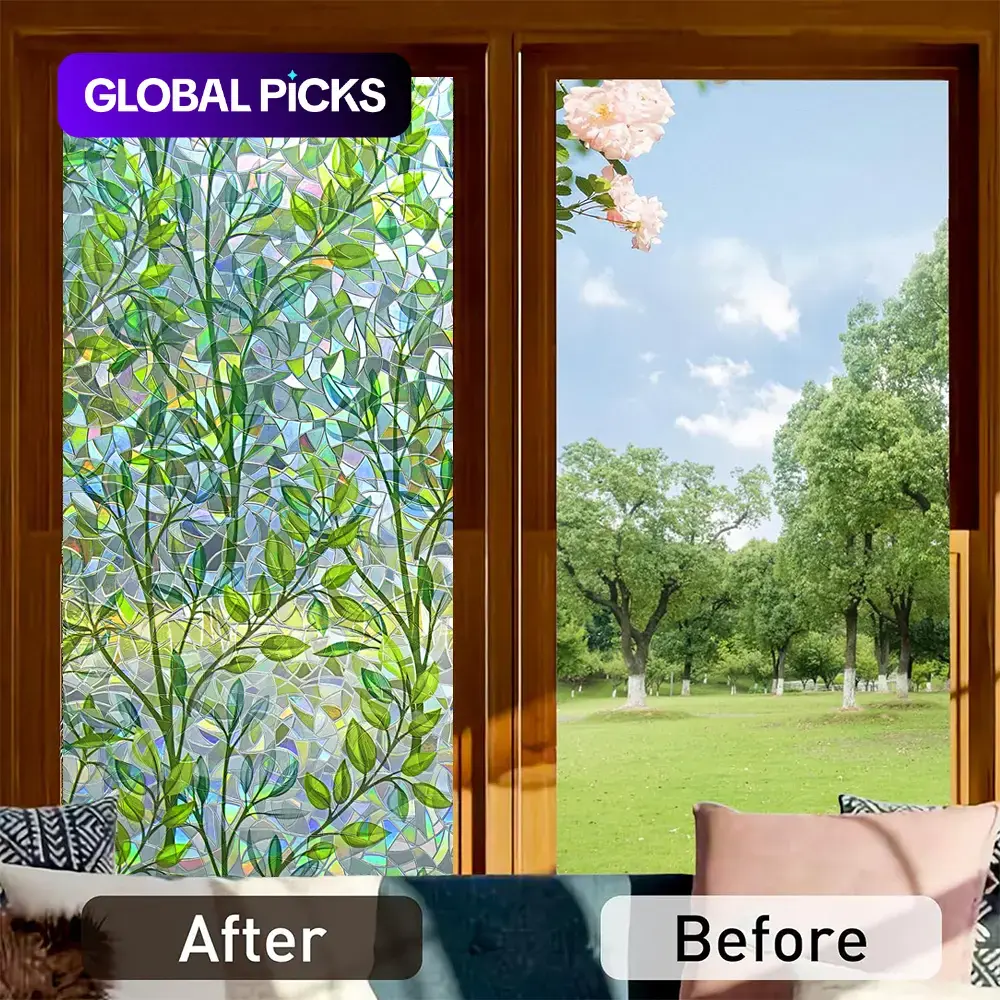 3D Laser Leaf Branch Pattern Double-Sided Static Cling Window Film, Window Decal, Window Decals For Glass Windows, PVC Waterproof Stickers, 1 Roll Home Decor for Living Room & Bedroom, Household Decoration Supplies #GLOBAL PICKS