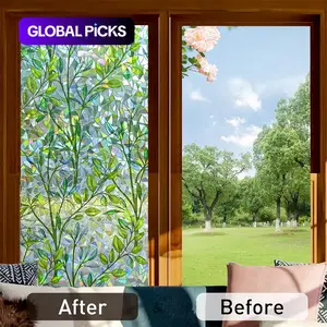 3D Laser Leaf Branch Pattern Double Sided Static Cling Glass Film, Stained Glass Window Film, 1 Roll Self Adhesive Window Sticker, Home Decor for Living Room Bedroom, Decorative Ornaments, Household Decoration Supplies #GLOBAL PICKS
