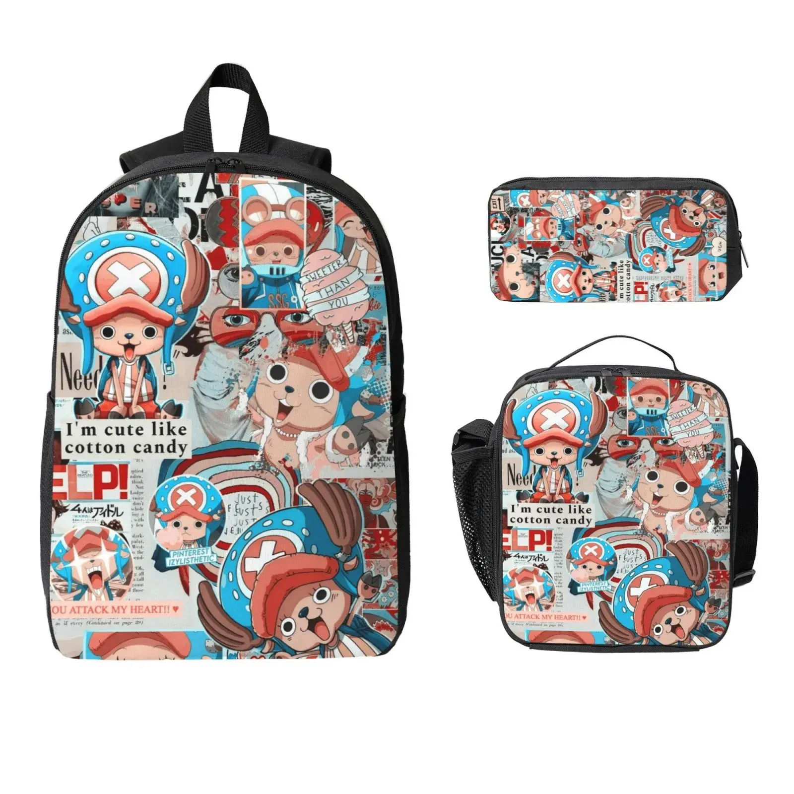 3 Piece High Capacity Bookbag Anime-Chopper Backpack Set Travel Knapsack with Lunch Box Pencil Case